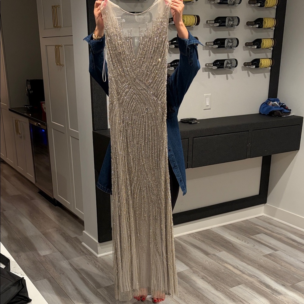 Jenny Packham Beaded Champagne Sheer Neck Gown